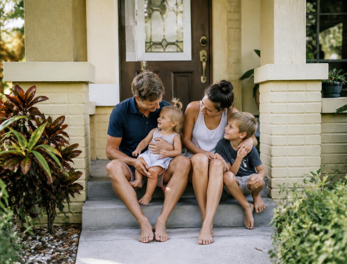 Family sitting together on the front porch of their Florida home